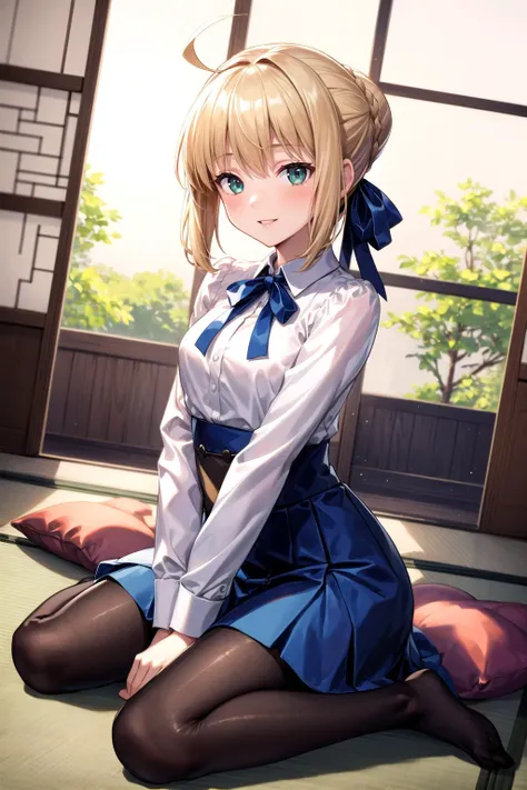 (masterpiece, best quality, detailed), 1girl, solo, sabercasual, ahoge, braid, hair bun, hair ribbon, white shirt, neck ribbon, long sleeves, blue skirt, pantyhose,
indoors, tatami, sliding doors, cushion, wariza, parted lips, smile, blush, dutch angle