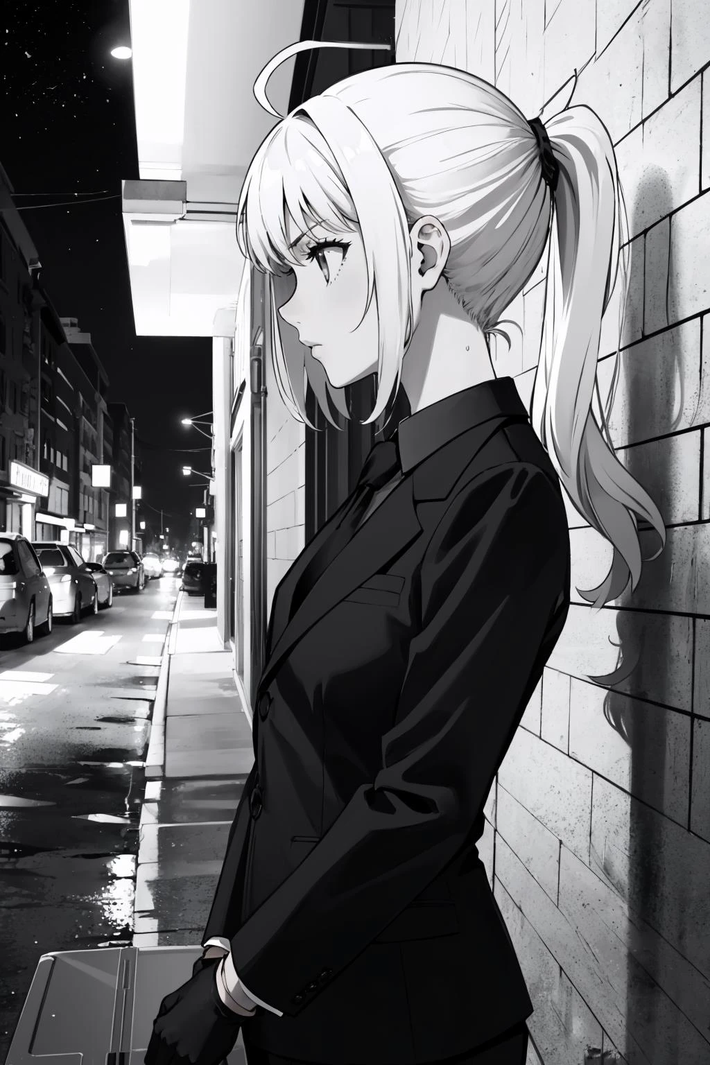 masterpiece, best quality, <lora:fate_artoriapendragon-10:0.9> saberzero, ahoge, ponytail, formal, suit, black shirt, necktie, black gloves, pants, monochrome, greyscale, from side, profile, serious, night, outdoors
