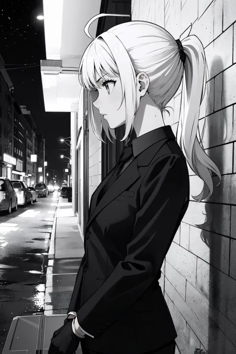 masterpiece, best quality,  <lora:fate_artoriapendragon-10:0.9> saberzero, ahoge, ponytail, formal, suit, black shirt, necktie, black gloves, pants, monochrome, greyscale, from side, profile, serious, night, outdoors