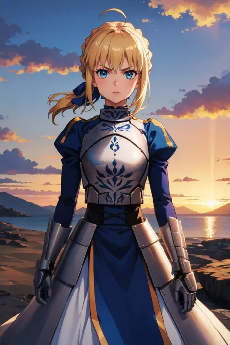 masterpiece, best quality,  <lora:fate_artoriapendragon-10:0.9> saberdef, ahoge, braid, hair ribbon, armored dress, ribbon, gauntlets, cowboy shot, serious, sunset, looking at viewer