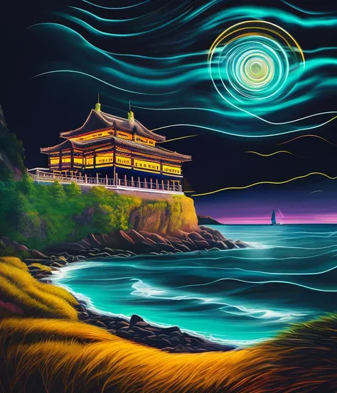 a colorful vector illustration of a neon temple with an elaborate Torana gateway in absolute darkness on a small island at night with colorful neon star trails, black shadows, clear sky with professional star trails, high antialiasing, night, cliffside, crashing waves, highlands, farm, crisp clean shapes, mountains, serene landscape, neon inkpunk color scheme, painting of a listing for a realty website, artwork by studio ghibli, spirited away