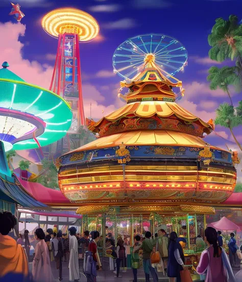 a realistic studio ghibli anime style illustration of a retro futuristic carnival ride with many people in it at night at a crowded fair filled with amusement park attractions and a giant ferris wheel lit up in the background, artwork by wlop, [CHV3SFair, :CHV3CVehicle, CHV3CRobot style architecture, :.35] perfect composition, Professional, masterpiece, commissioned, best quality, Color Corrected, fixed in post, emended, ameliorated, idyllic