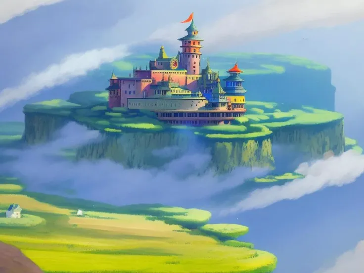 Studio ghibli's, castle in the sky, Professional, masterpiece, commissioned, CHV3SWorld, CHV3SLighthouse, CHV3SSciFi, pastel colors