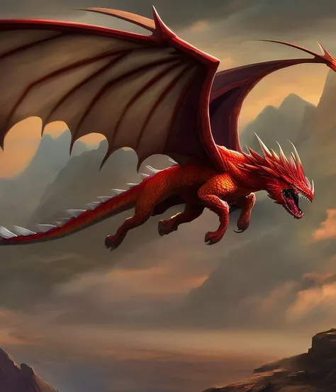 a medium range shot of a red dragon flying through the air, Wings outstretched, sharp focus, an illustration, monster creature concept art, fantasy concept art, perfect composition, Professional, masterpiece, commissioned, best quality, Color Corrected, fixed in post, emended, ameliorated, idyllic