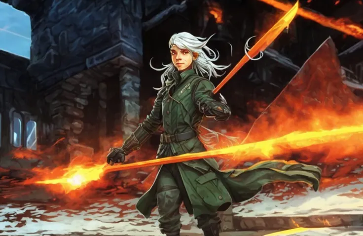 solo, 1girl, masterpiece, best quality, silver hair, long hair, elf ears, slanted eyes, heterochromia eyes, medium breasts, freckles, tattoos, dynamic background, (Ella Freya), fingerless gloves, crop top, cargo pants, military long jacket, belts, crumbling wall, brick wall, alleyway, trash, ((graffiti)), pierced, CHARHELPER, CHARACTER ART, MID-RANGE, DIGITAL PAINTING, DIGITAL ILLUSTRATION, STYLIZED, ANIME