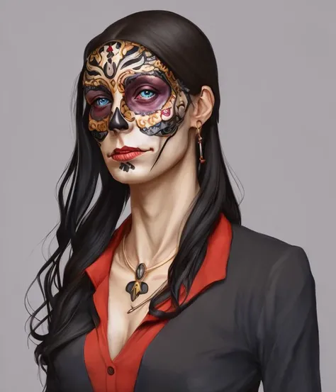 (a close up of classy sultry beautiful woman, los Muertos skull facepaint), charhelper, ((close-up)) portrait, digital painting, character art, artwork by leonardo davinci, high detail, professional, masterpiece, anime, stylized, face, facial expression, inkpunk, professional anatomy, professional hands, anatomically correct, colorful