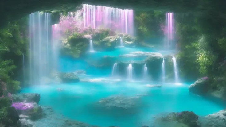 Ambient lighting, Futuristic waterfall basin, Pastel blue and pastel pink lights illuminating the scene from under the water, ambient lighting, pretty, futuristic, neon-pastel