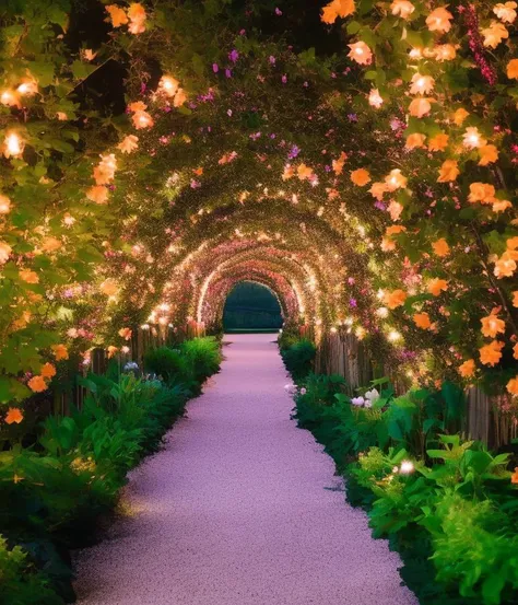 a garden path with a tunnel of glowing flowers at night, blossoming path to heaven, floral environment, beautiful scene, CHV3SGarden, perfect composition, Professional, masterpiece, commissioned, best quality, Color Corrected, fixed in post, emended, ameliorated, idyllic