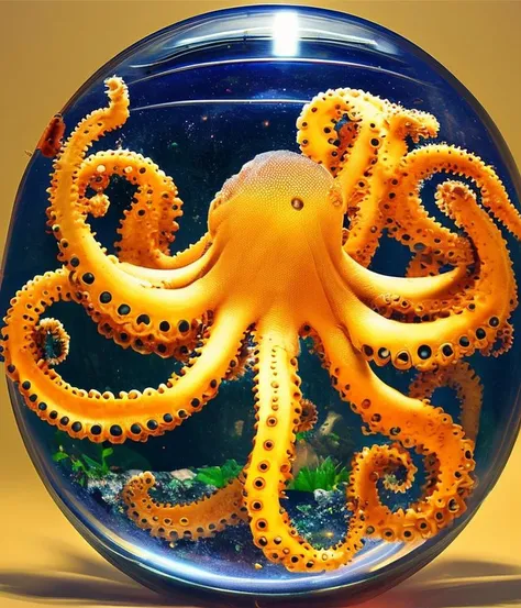 a idyllic commissioned ameliorated masterpiece of the best quality of a Professional realistic detail with Color Corrected, perfect composition and soft tones of (A cute little octopus in a small circular fish tank)