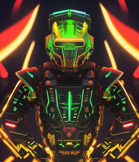 a futuristic cybernetic robot wearing neon samurai armor, dark background, vaporware, cyberpunk darksynth, Professional, masterpiece, commissioned, muted saturation, artwork by daft punk