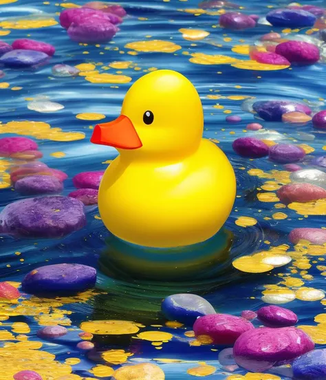 Shiny gemstone in the shape of a rubber duck floating in a pool of colorful perfume, liquid ripples, waves, water droplets, photorealism, mystical, enigmatic, digital oil painting, trending on artstation, Professional, masterpiece, commissioned