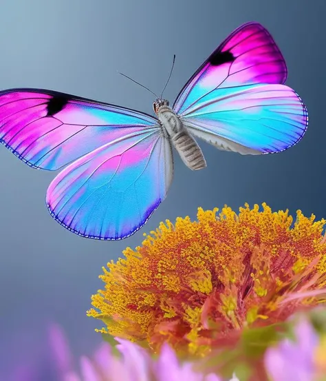 Epic digital art of hologram butterflies flying around, by tomasz alen kopera, trending on artstation, a macro photograph, focus stacking, CHV3SMacro, artwork by studio ghibli