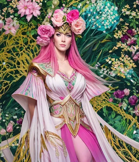 (close-up:1.3),
(symmetry:1.1) (portrait of floral:1.05) a woman as a beautiful goddess, (assassins creed style:0.8), charhelper, pink and gold and opal color scheme, beautiful intricate filegrid facepaint, intricate, elegant, highly detailed, digital painting, artstation, concept art, smooth, sharp focus, illustration, art by greg rutkowski and alphonse mucha, 8k