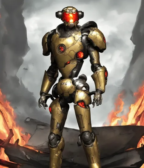 Waist up character photo realistic portrait of (Doom Slayer Cyborg:1.3), Doom eternal armor with (metallic gold trim:1.2), (CHV3CRobot:0.7), Super pose, inside of a destroyed hell forge, CHV3SSciFi