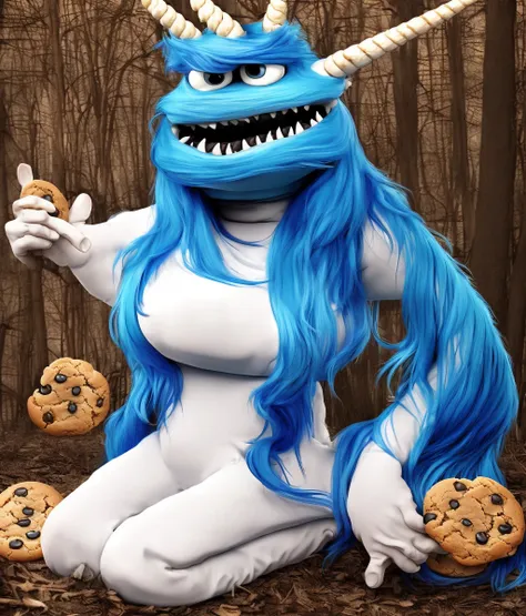 Waist up character photo realistic portrait of a (Unicorn Cookie Monster:1.3), long blue hair, (CHV3CWizard:1.1), Intimidating gaze, stacks of cookies, deep in the woods