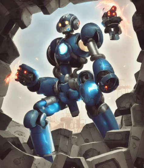 Waist up character portrait of (Megaman X:1.3), full suit upgrades, CHV3CRobot awesome pose, inside of a destroyed factory, CHV3SSciFi, sparks and bullets, action