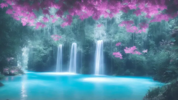 Ambient lighting, Futuristic waterfall basin, Pastel blue and pastel pink lights illuminating the scene from under the water, ambient lighting, pretty, futuristic, neon-pastel