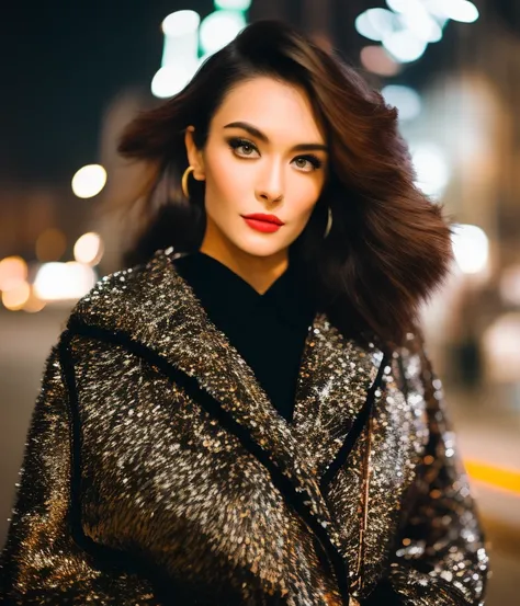 a professional Analog photo of a medium shot of beautiful urban model wearing Coco Chanel out at night in the city, armani fur coat, nikon D5600, 35mm lens, Professional, masterpiece, commissioned, attractive face, facial expression, fixed in post, color corrected