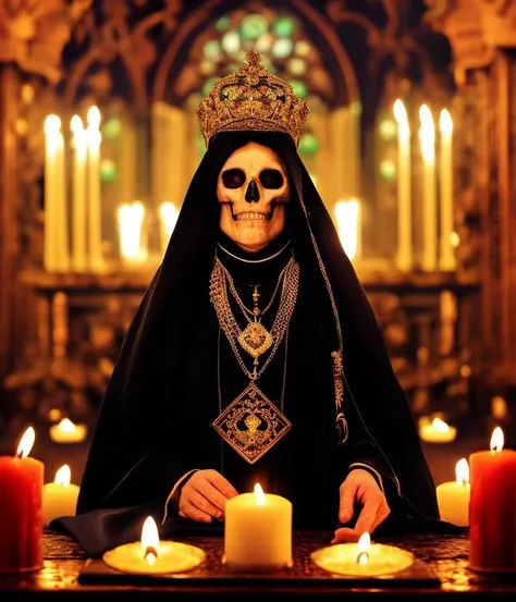 a waist up skull faced portrait of an evil demented CHV3CZombie, CHV3CReaper style zombie priest of death adorned in ornate royal black robes and a Papal tiara at a sinister crypt altar, candles, and roses, high resolution, award-winning picture in the style of the diablo video game franchise, centered, perfect composition, Professional, masterpiece, commissioned, best quality, Color Corrected, fixed in post, emended, ameliorated, idyllic