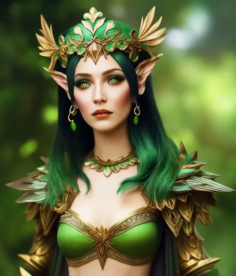 a portrait of a dryad elf queen with green hair and wooden attire, [:beautiful face,:.25] fey queen of the summer forest, 8k stunning artwork, perfect composition, Professional, masterpiece, commissioned, best quality, Color Corrected, fixed in post, emended, ameliorated, idyllic