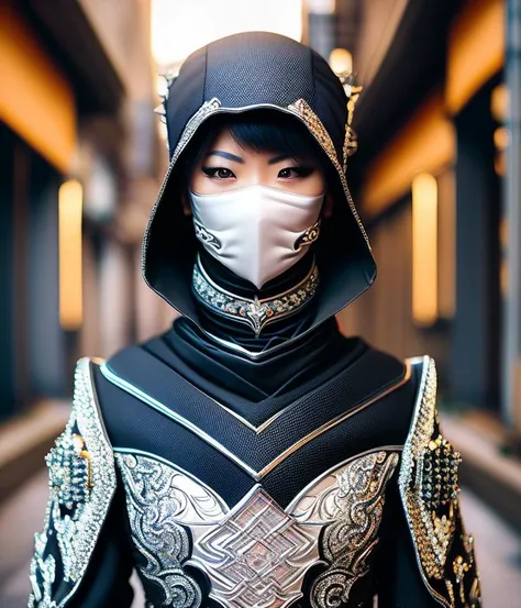 a realistic detail of a waist up portrait of a [CHV3CNinja::.25] person in an ornate royal cyberpunk beautiful silver and white porcelain ninja outfit in an alley in neo-Tokyo, perfect composition, Professional, masterpiece, commissioned, best quality, Color Corrected, fixed in post, emended, ameliorated, idyllic