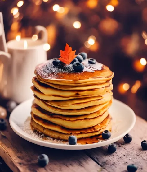 a towering landscape of pancakes dripping with maple syrup and blueberries on a table, autumn wind, contest winner 2021, 🎀 🍓 🧚, harvest, sofya emelenko, (sweet night ambient, bokeh lights in the background:1.1), CHV3CFoodPorn, perfect composition, Professional, masterpiece, commissioned, best quality, Color Corrected, fixed in post, emended, ameliorated, idyllic