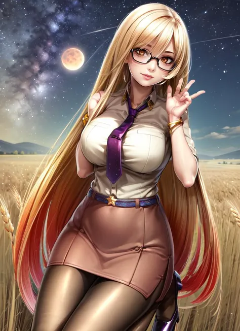 ((best quality)), ((highly detailed)), masterpiece, detailed face, beautiful face, , <lora:more_details:.2>, (1girl), (glasses), top view, looking at viewer, looking up, dynamic pose, cowboy shot, <lora:hairdetailer:1>, <lora:sunsensei-v1:.9>, sunsensei, gradient hair, (very long hair), orange eyes, <lora:age_slider_v2:1>, large breasts, smiling, collared shirt, necktie, sleeves rolled up, belt, brown skirt, pencil skirt, <lora:EraseGroinSkirt:1.25>, pantyhose, bracelet, high heels, (gold footwear), (outdoors, in a wheat field, midnight, night sky, stars, lunar eclipse, shooting star), <lora:HPStyle:.7>, hpstyle, (solo), looking at viewer