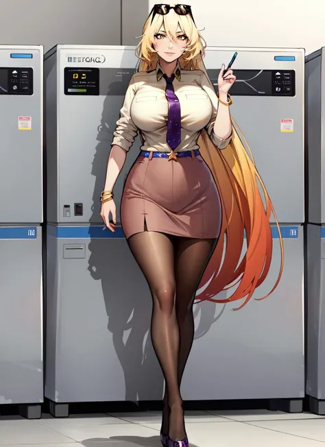 ((best quality)), ((highly detailed)), absurdres, extremely detailed face, beautiful face, (detailed eyes, deep eyes), (1girl), dynamic pose, full body, ((wide shot)), <lora:sunsensei-v1:1>, sunsensei, gradient hair, very long hair, yellow eyes, <lora:age_slider_v2:1.5>, sunglasses, eyewear on head, large breasts, smiling, collared shirt, necktie, sleeves rolled up, belt, brown skirt, pencil skirt, pantyhose, bracelet, high heels, (inside, at a laundryroom)