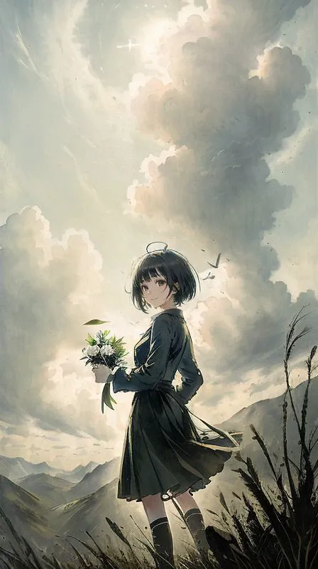 ((masterpiece,best quality,ultra detailed,ultra high res,detailed background)),(facing viewer),((dusk)),Depth of Field,pov,tussock,overgrown,cloud sky,(dark sky),((backlighting)),(wind),HDR,high contrast,BREAK
1girl,(school uniform),looking at viewer,full body,(holding bouquet),(white hair),(black eyes),(medium hair),(bowl cut),light smile,