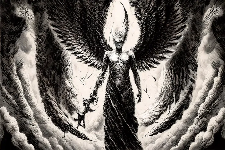 masterpiece, best quality, background horror, (1girl), angel wing, wrathful, archangel, monochrome
<lora:add_detail:2>