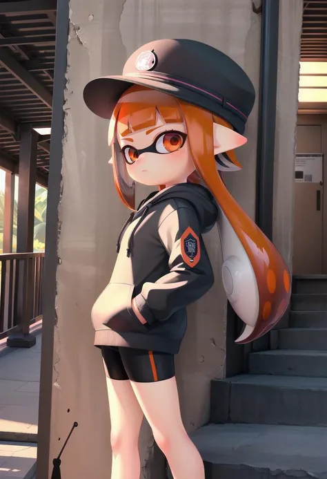 <lora:HerrscherAGGA2023_SD_Splatoon_Inkling_LORA_V1:0.7>
1girl, solo, long hair, long sleeves, hat, closed mouth, orange  eyes, standing, cowboy shot, outdoors, shorts, day, pointy ears,
signature, hood, blunt bangs, orange hair, from side, short shorts, black headwear, shadow, black shorts,
bike shorts, tentacle hair, stairs, hands in pockets, drawstring, logo, shade, against wall, wall, graffiti, inkling, inkling girl,
The soft lighting and detailed surroundings create an immersive environment where imagination runs wild hyper-detailed, hyper-detailed face, high quality visuals, dim Lighting, sharply focused, octane render, 8k UHD