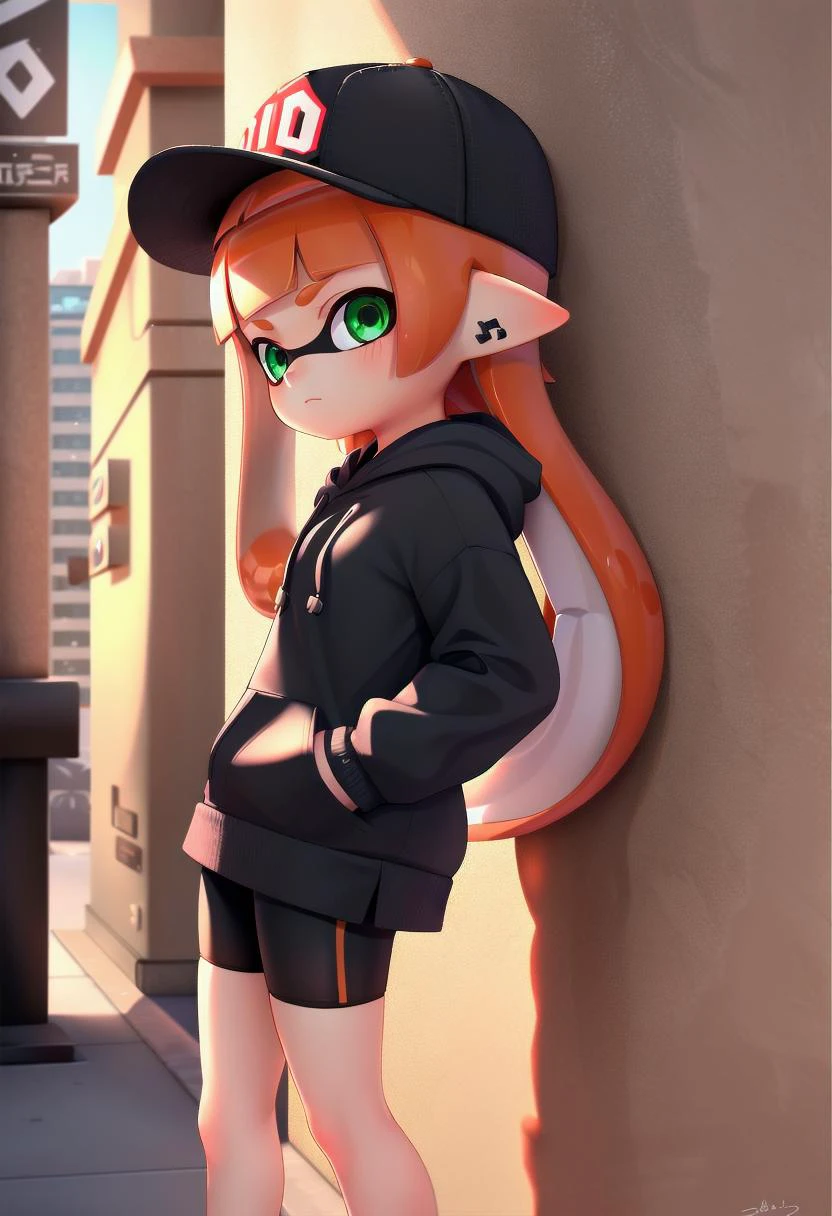 <lora:HerrscherAGGA2023_SD_Splatoon_Inkling_LORA_V1:0.7>
1girl, solo, long hair, long sleeves, hat, closed mouth, green eyes, standing, cowboy shot, outdoors, shorts, day, pointy ears,
signature, hood, blunt bangs, orange hair, from side, short shorts, black headwear, hoodie, shadow, black shorts, hood down,
bike shorts, baseball cap, tentacle hair, stairs, hands in pockets, drawstring, logo, shade, against wall, wall, graffiti, inkling, inkling girl,
The soft lighting and detailed surroundings create an immersive environment where imagination runs wild hyper-detailed, hyper-detailed face, high quality visuals, dim Lighting, sharply focused, octane render, 8k UHD