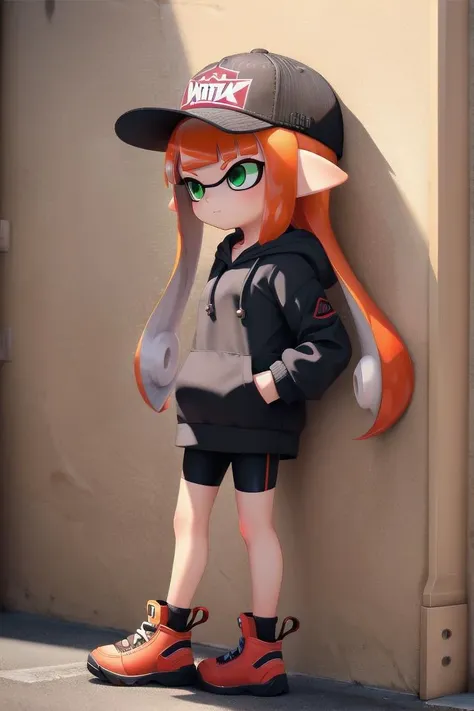 <lora:HerrscherAGGA2023_SD_Splatoon_Inkling_LORA_V1:0.7>
1girl, solo, long hair, long sleeves, hat, closed mouth, green eyes, standing, cowboy shot, outdoors, shorts, day, pointy ears, signature, hood, blunt bangs, orange hair, from side, short shorts, black headwear, hoodie, shadow, black shorts, hood down, bike shorts, baseball cap, tentacle hair, stairs, hands in pockets, drawstring, logo, shade, against wall, wall, graffiti, inkling, inkling girl,