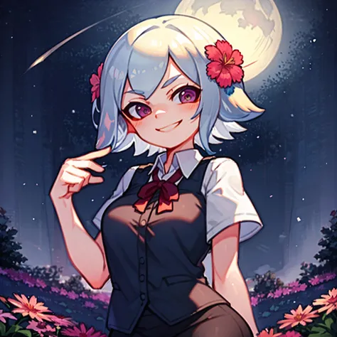 upper body, solo mature 1girl, in a field of flowers, night sky, smirk, full moon <lyco:HerrscherAGGA2023_SD_Splatoon_Inkling_LORA_V1:1.0>, hair flower, pencil_skirt