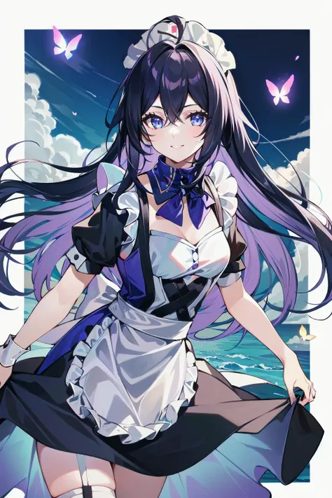 1woman, solo, masterpiece, absurdres, <lora:SeeleV4:0.6>, SeeleV4, floating hair, maid, maid headdress, maid apron, smile, blue illuminating butterflies
