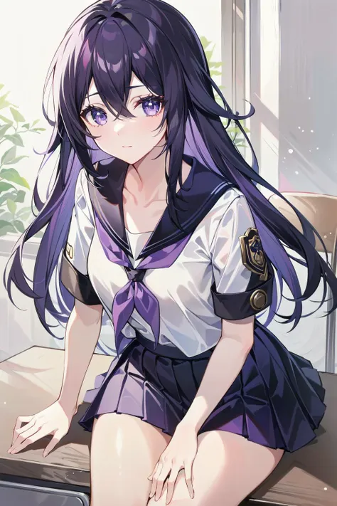 1woman, skirt, purple_sailor_collar, gray_skirt, collarbone, desk, looking_at_viewer, miniskirt, purple neckerchief, pleated_skirt, ribbon, school_uniform, serafuku, shirt,  skirt, solo, masterpiece, absurdres, <lora:SeeleV4:0.65>, SeeleV4, floating hair,