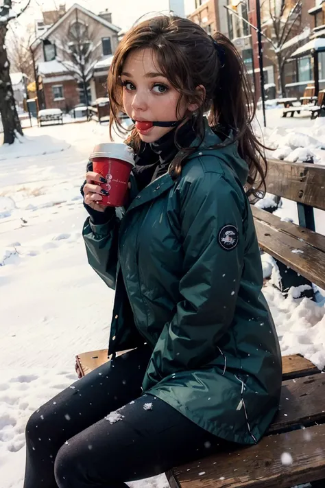 brown hair, ponytail, brown eyes, wearing a blue parka, black turtleneck, leggings, looking at viewer, blush, plainredballgag,ball gag, sitting, on bench, holding a coffee cup, outside, park, field, trees, autumn, snow, blue sky, high quality, masterpiece,  