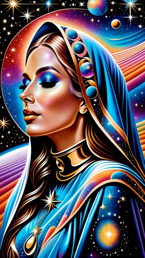 masterpiece, best quality, ultra high res, extremely detailed, (psychedelic art:1.4), woman, veil, visually stunning, beautiful, award-winning illustration, cosmic space background, ethereal atmosphere, <lora:xl_yamer_style-1.0:1>