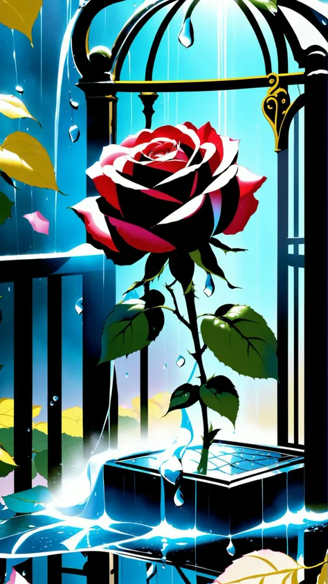<lora:xl_yamer_style-2.0:1>, 1male, muscular, ((rose)), (vine), cage, bandage, red rope, (detail light), falling rose petals, gorgeous eyes, detailed face, pouring rain, outdoors, global illumination, subsurface scattering