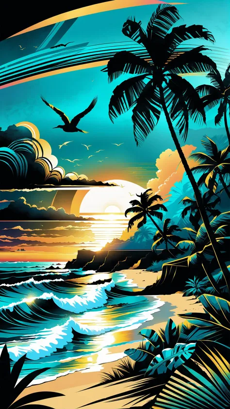 musical tropical vector illustration of sunset on the beach, in the style of Dan Mumford, vintage aesthetics, <lora:xl_yamer_style-2.0:0.9>, compositions inspired by nature, dark and gloomy landscapes, tropical landscapes