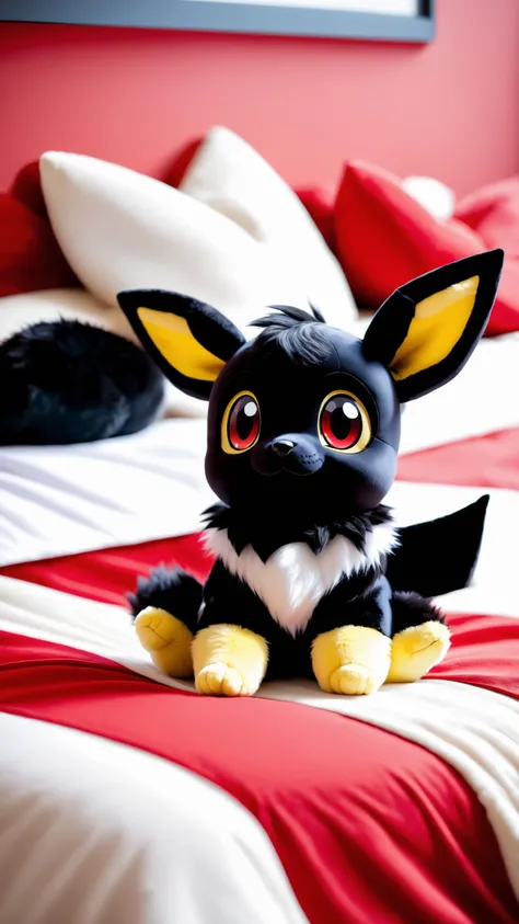 solo, ((umbreon:1.2)), plushie, smile, front view, sitting in bed, spread legs, <lora:xl_yamer_style-3.0:0.85>, uploaded on e621, (detailed background, depth of field), (intricate:1.1), (high detail:1.2), (soft focus), (masterpiece, best quality, 4k, 2k, shaded, absurd res), ((full body view:1.2)), bothpaws on belly, red teddy eyes, plush umbreon tail, black fur, happy, ((smiling with open mouth:1.2))