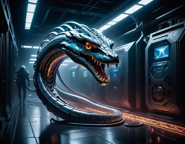 Design an epic artwork featuring a yamer style Mechanical Robotic Fer-de-Lance infiltrating a High-Tech Facility, solo, distinctive scales, focus snake head, snake slithering through dark ventilation shafts, past security cameras and laser grids, with its metallic body glistening under Cinematic Lighting, emphasize the advanced technology of both the robotic snake and the facility, snake is infiltrating to create an immersive experience for viewers, artificial intelligence themes, style of Philippe Druillet Android Jones, sharp focus, <lora:JuggerCineXL2:0.8> Still, Film Still, Cinematic, Cinematic Shot, Cinematic Lighting <lora:xl_yamer_style-2.0:0.5> <lora:xl_yamer_style-2.0:0.7>