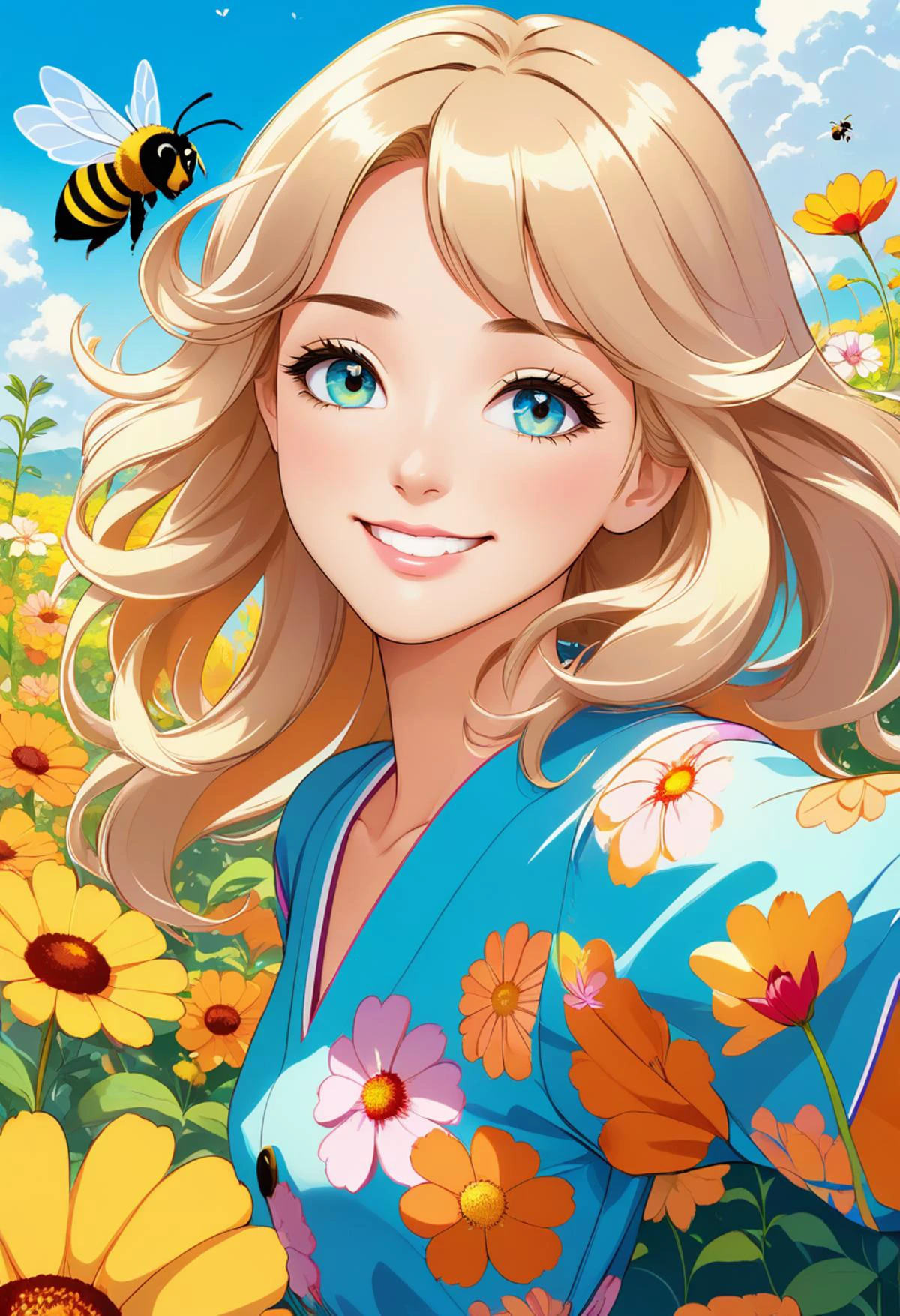 : anime artwork a beautiful yamer style young woman, close-up, from above, wearing a sundress, smiling cheerfully, walking down a row of flowers, bright colorful petals swaying in the wind, talking to a bee pollinating a flower, retro 1970s animation style, psychedelic patterns, whimsical atmosphere, style of Miles Aldridge . anime style, key visual, vibrant, studio anime, highly detailed, <lora:xl_yamer_style-2.0:0.8>,