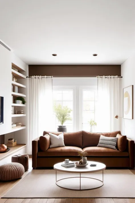 yamer style, <lora:xl_yamer_style-1.0:1>, girlish living room, small room, Two-person sofa, plan of a house, brown sofa, white wall,
