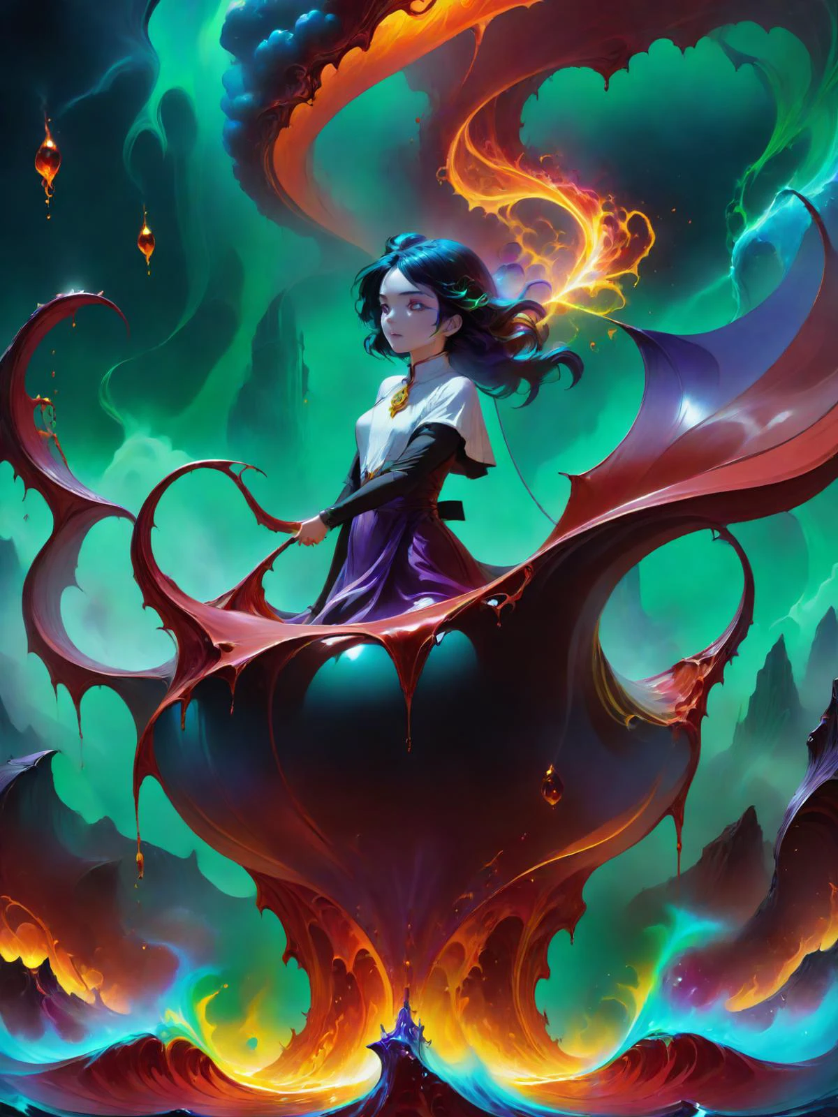 anime artwork (full body shot:1.5), a woman floating in the air, covered with black oil and red paint,surrounded by smoke, liquid, intricate, elegant, highly detailed, centered, digital painting, artstation, concept art, smooth, sharp focus, illustration, by ( ( tom whalen ) ), wlop, mars ravelo, octane <lora:xl_yamer_style-2.0:7> <lora:xl_yamer_style-2.0:1>, anime style, key visual, vibrant, studio anime, highly detailed, <lora:LCM_LoRA_Weights:0.7>