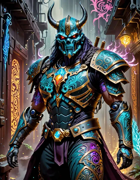 retro cyberpunk concept art of a vikingpunkai cyborg, master of dark magic, summons an ancient, powerful spell in front of our very eyes. intricate patterns armor, vibrant colors and dramatic lighting heighten the sense of magic and mystique, dark fantasy background with shadowy spirits emerging from a mysterious fog, hinting at the dangers lurking in the sorcerer's path, vibrant colors, Ultra Realistic, High quality, Highly detailed, trending on artstation, intricate detailed background, embedding:SimplePositiveXLv2, . 80's inspired, synthwave, neon, vibrant, detailed, retro futurism, <lora:xl_yamer_style-2.0:0.8>, <lora:WowifierXL-V2:0.8>