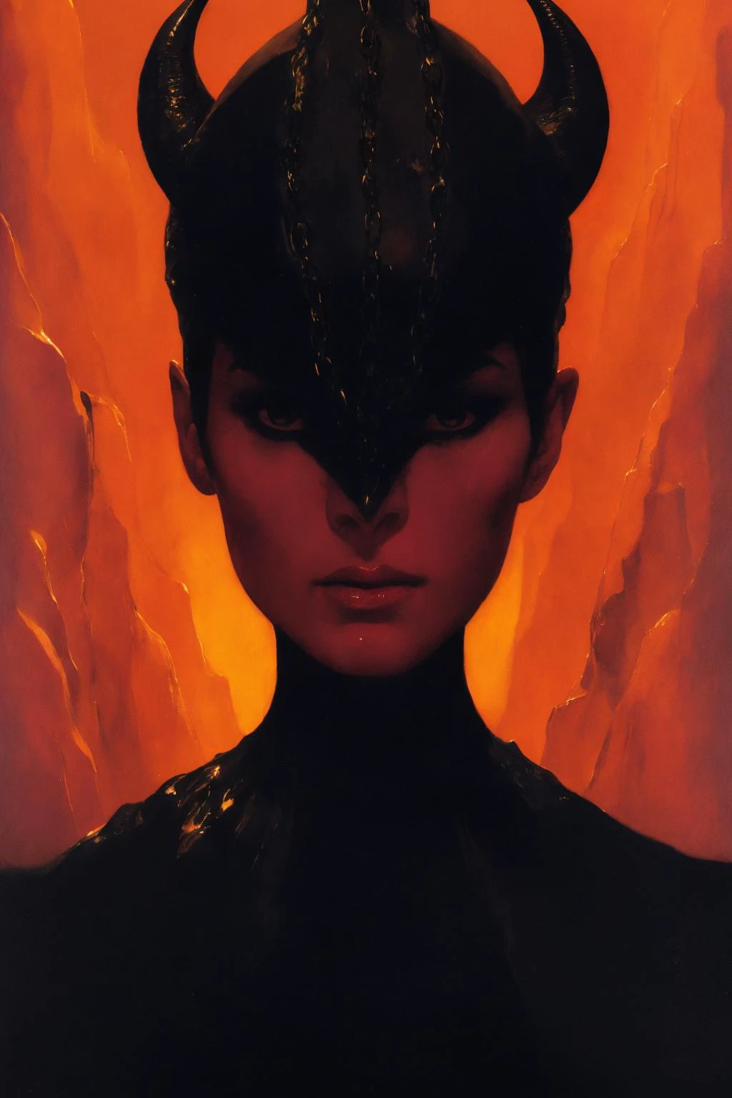 1 woman
demon
black horn
detailed face
robe
chain
lava
cave
dramatic lighting
Malcolm Liepke
Wayne Barlowe