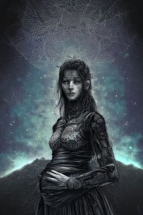 sampler: dpm++ 2m sde karras, constellations, extremely detailed 8k, in the dark:1.6, road, clear skin, <lora:flat2:-1>, fingerless gloves, facing away, filigree detailed, stunningly beautiful girl, pregnant, by enki bilal