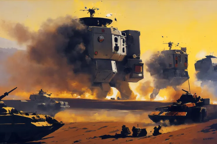 robot army sparks
battle
smoke, explosions
dessert, dust
(Chris Foss, painting )