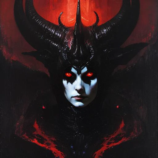 woman demon black horn robe chained lava cave piercing eyes dramatic lighting Malcolm Liepke Wayne Barlowe